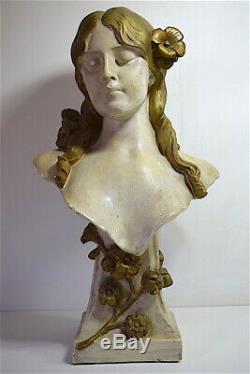 Buste Femme plâtre peint Art Nouveau jugendstil signé à identifier 64 cm