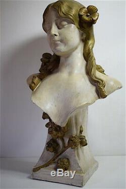 Buste Femme plâtre peint Art Nouveau jugendstil signé à identifier 64 cm