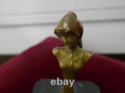 Buste de femme en bronze sur colonne, soclé marbre, art nouveau, P 330g, H 9cm, Valbi