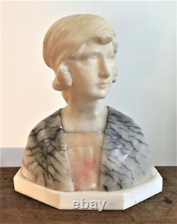 Buste de jeune femme Art-Nouveau en marbre blanc et albâtre
