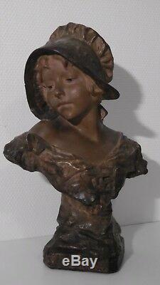 Buste en plâtre Art Nouveau d'une jeune femme signé R. Aurili