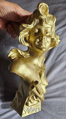 Buste régule Re-patiné en doré Femme art nouveau SALAMBO signé Franz IFFLAND