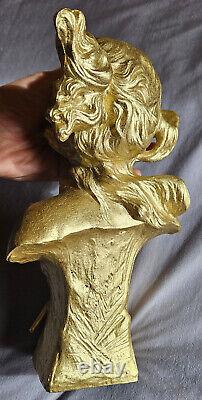 Buste régule Re-patiné en doré Femme art nouveau SALAMBO signé Franz IFFLAND