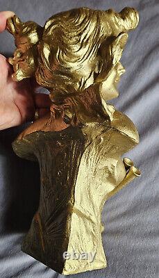 Buste régule Re-patiné en doré Femme art nouveau SALAMBO signé Franz IFFLAND