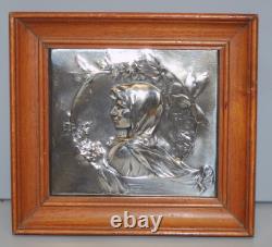-CADRE PLAQUE ARGENT (testé) PROFIL JEUNE FEMME ART NOUVEAU cadre Bois D