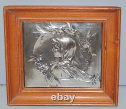 -CADRE PLAQUE ARGENT (testé) PROFIL JEUNE FEMME ART NOUVEAU cadre Bois D