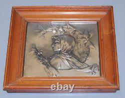 -CADRE PLAQUE ARGENT (testé) PROFIL JEUNE FEMME ART NOUVEAU cadre Bois D