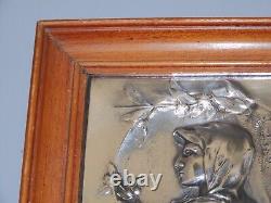 -CADRE PLAQUE ARGENT (testé) PROFIL JEUNE FEMME ART NOUVEAU cadre Bois D