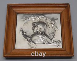 -CADRE PLAQUE ARGENT (testé) PROFIL JEUNE FEMME ART NOUVEAU cadre Bois D
