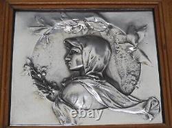 -CADRE PLAQUE ARGENT (testé) PROFIL JEUNE FEMME ART NOUVEAU cadre Bois D