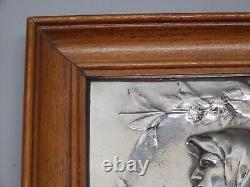 -CADRE PLAQUE ARGENT (testé) PROFIL JEUNE FEMME ART NOUVEAU cadre Bois D