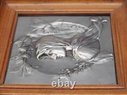 -CADRE PLAQUE ARGENT (testé) PROFIL JEUNE FEMME ART NOUVEAU cadre Bois D