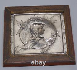 -CADRE PLAQUE ARGENT (testé) PROFIL JEUNE FEMME ART NOUVEAU cadre Bois D