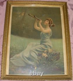Cadre 1900 chromo lithographie art nouveau Femme à la flûte double & Iris