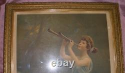 Cadre 1900 chromo lithographie art nouveau Femme à la flûte double & Iris
