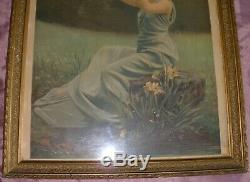 Cadre 1900 chromo lithographie art nouveau Femme à la flûte double & Iris
