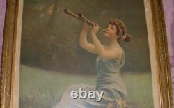 Cadre 1900 chromo lithographie art nouveau Femme à la flûte double & Iris