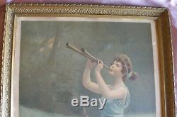 Cadre 1900 chromo lithographie art nouveau Femme à la flûte double & Iris