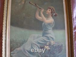Cadre 1900 chromo lithographie art nouveau Femme à la flûte double & Iris