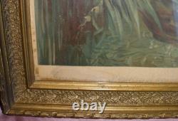 Cadre 1900 chromo lithographie art nouveau Femme à la flûte double & Iris