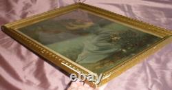 Cadre 1900 chromo lithographie art nouveau Femme à la flûte double & Iris