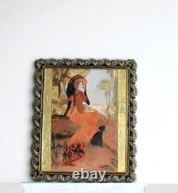Cadre Ancien Argente Art Nouveau Peinture Huile Femme Et Petit Chien