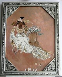 Cadre Ancien Art Deco Peinture Huile (de Feure) Femme Et Chien Blanc