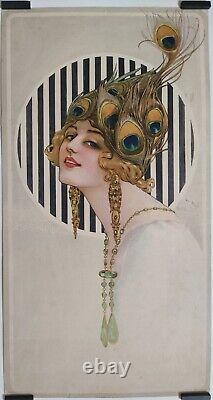 Camps G. Élégante aux plumes de paon 1904 Estampe en couleur Art Nouveau Femme