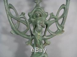 Candélabre Chandelier Style Art Nouveau Bronze Patiné Femme Fleur Jugendstil