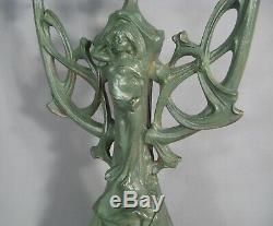 Candélabre Chandelier Style Art Nouveau En Bronze Patiné Femme Fleur Jugendstil