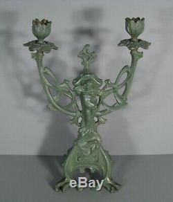 Candélabre Chandelier Style Art Nouveau En Bronze Patiné Femme Fleur Jugendstil