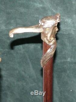 Canne ancienne pommeau femme art nouveau bronze doré vintage cane old stick