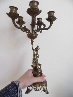 Chandelier Art Nouveau Grand bougeoir Bronze 6 feux portés par une femme 2.3 Kg