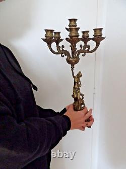 Chandelier Art Nouveau Grand bougeoir Bronze 6 feux portés par une femme 2.3 Kg