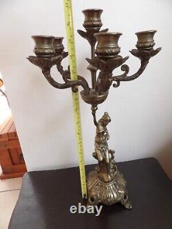 Chandelier Art Nouveau Grand bougeoir Bronze 6 feux portés par une femme 2.3 Kg