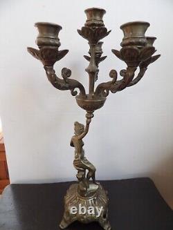 Chandelier Art Nouveau Grand bougeoir Bronze 6 feux portés par une femme 2.3 Kg