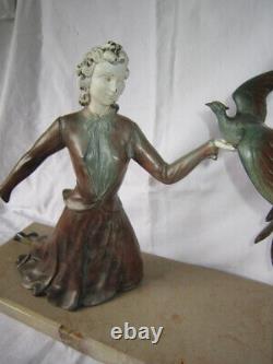 Chryselephantine Sculpture En Regule Art Nouveau Femme Oiseau