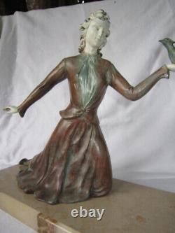 Chryselephantine Sculpture En Regule Art Nouveau Femme Oiseau