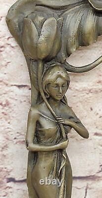 Classique Style Art Nouveau Bronze Sculpture Femme Et Tulipe Par Milo Art Nr