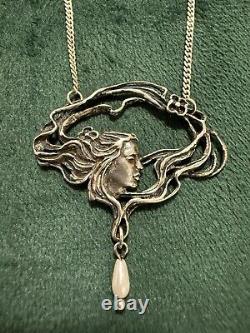 Collier Argent Massif Art Nouveau Décor Femme Profil Style Art Nouveau 925