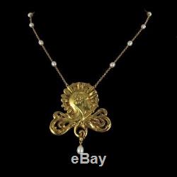 Collier Art nouveau motif femme Perles Or jaune 18K Art nouveau Necklace
