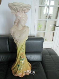 Colonne Delphin Massier barbotine. Vallauris. Femme art nouveau. 1,10m. Style Mucha