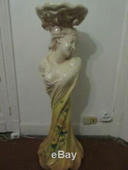 Colonne Delphin Massier barbotine. Vallauris. Femme art nouveau. 1,10m. Style Mucha