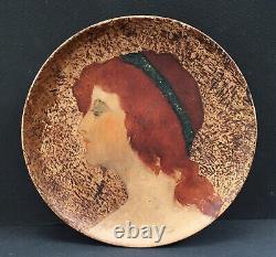 Coupelle Ancienne Bois Tableau Art Nouveau Portrait Femme Rousse Bandeau 1900