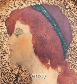 Coupelle Ancienne Bois Tableau Art Nouveau Portrait Femme Rousse Bandeau 1900