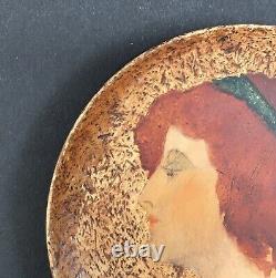 Coupelle Ancienne Bois Tableau Art Nouveau Portrait Femme Rousse Bandeau 1900
