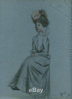 Dessin Ancien Original Art Nouveau Personnage, Femme, Portrait, Robe, Chapeau