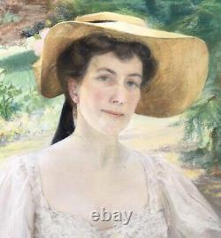 Dessin Ancien Pastel Art Nouveau Portrait Femme Mode Chapeau Livre Jardin 1900