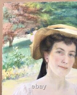 Dessin Ancien Pastel Art Nouveau Portrait Femme Mode Chapeau Livre Jardin 1900