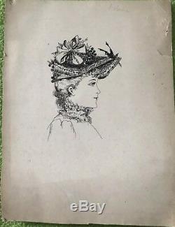 Dessin Encre Sur Papier Femme Châpeau Costume Art Nouveau Belle Epoque 1900
